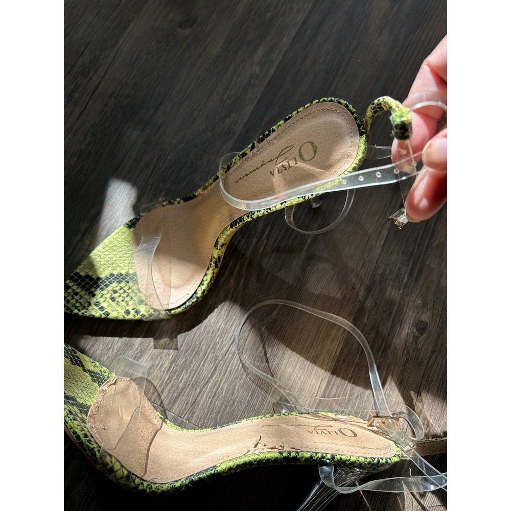 Olivia James‎ Lime Green Snakeskin Clear Strap Pointed Toe Stiletto Heels Size 9 - Picture 3 of 5